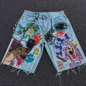Graffiti Denim Jorts Oversized Baggy Washed