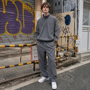 Premium Mens Techwear Tracksuit Charcoal Crinkle Nylon Half Zip Windbreaker Contrast Piping Track Pants Custom Apparel Vendor
